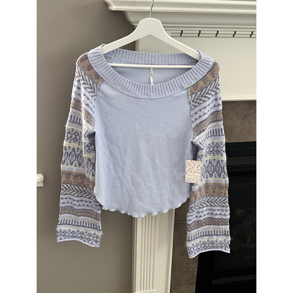 NWT FREE PEOPLE Fairground Thermal Top Pastel Blue Size M Periwinkle Combo